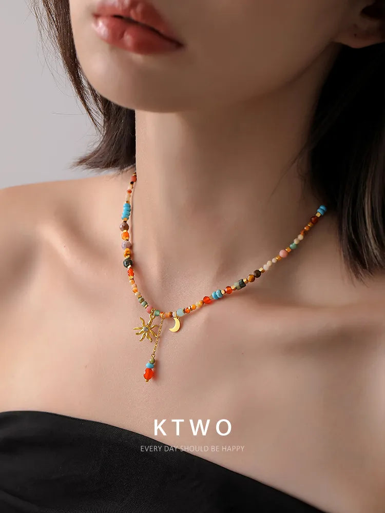 KTWO Bohemian Sun Moon Tassel Colorful Beaded Necklace