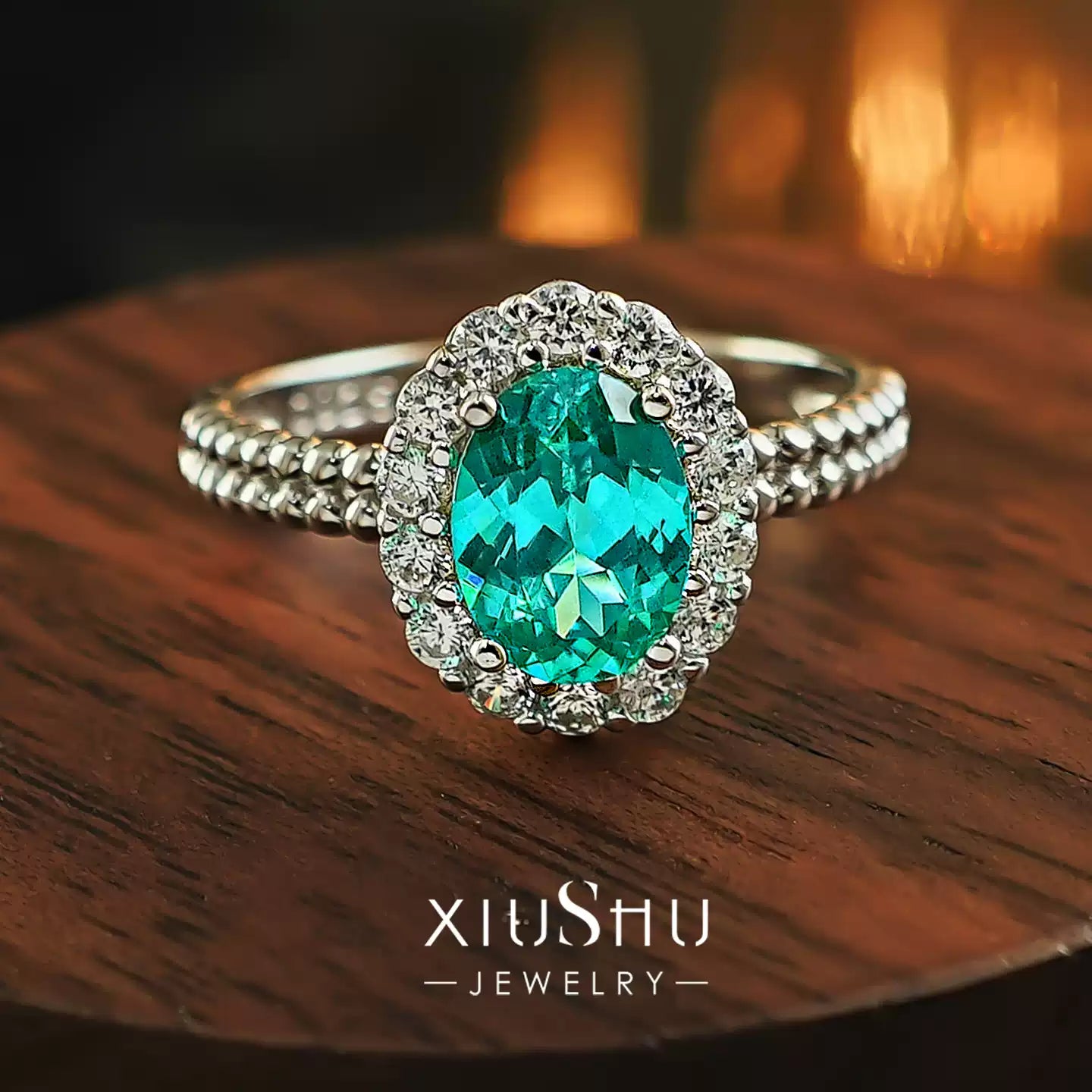 Lab-Grown Paraiba Green Tourmaline Sterling Silver Ring | XIUSHU
