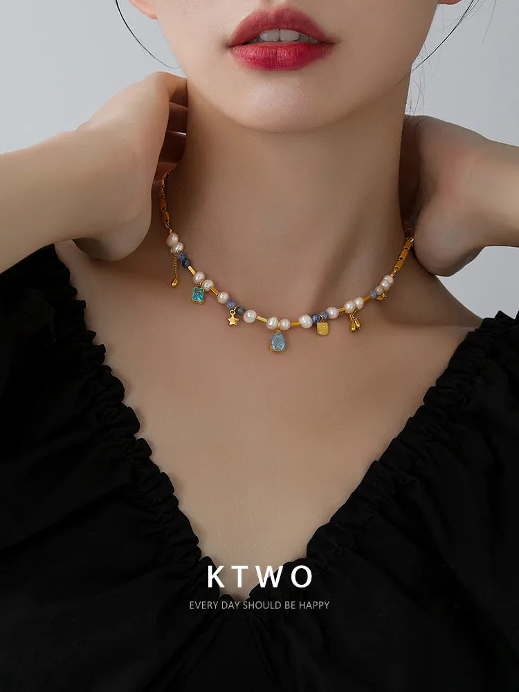 Blue Zircon Pearl Necklace with Other Layered Gold Chains