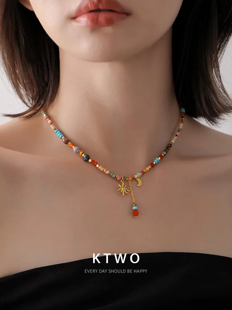 KTWO Bohemian Sun Moon Tassel Colorful Beaded Necklace
