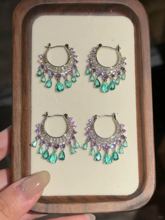 Green and Purple Zircon Water Drop Dangle Earrings