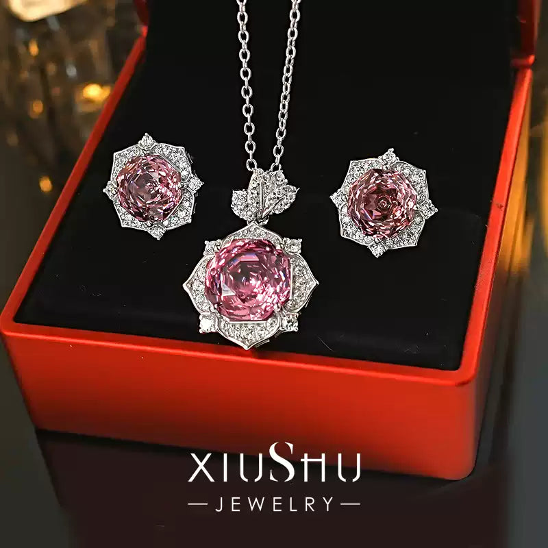 XIUSHU 4CT Pink Rose Flower Lab-Created Gemstone Pendant Sterling Silver Necklace