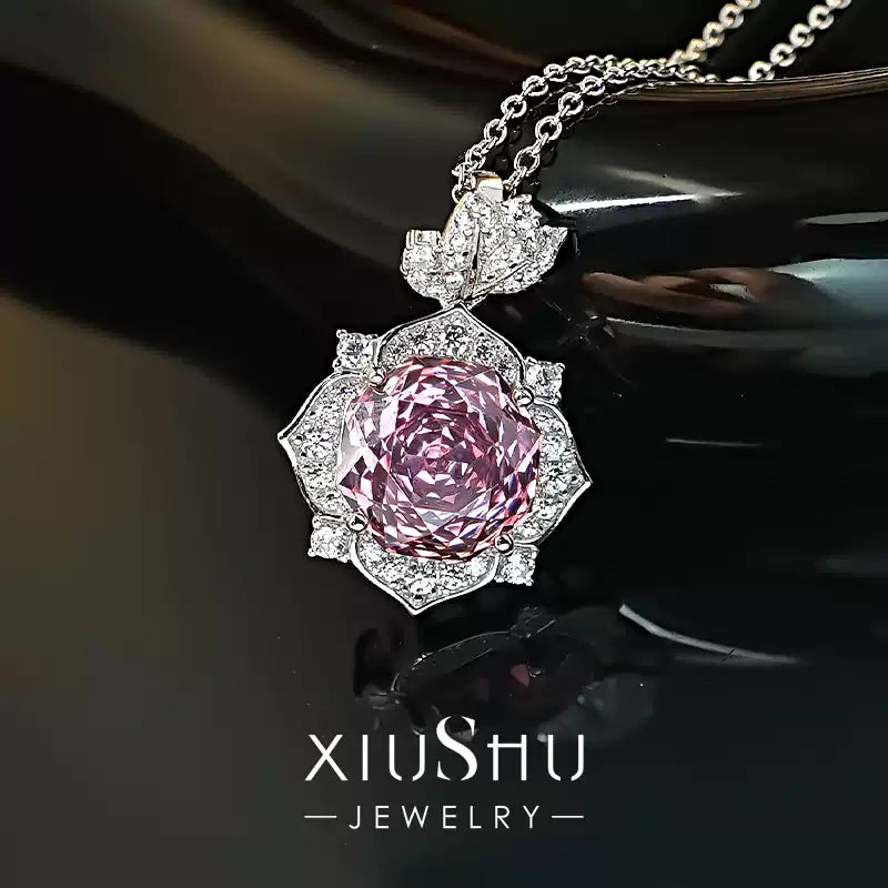 XIUSHU 4CT Pink Rose Flower Lab-Created Gemstone Pendant Sterling Silver Necklace