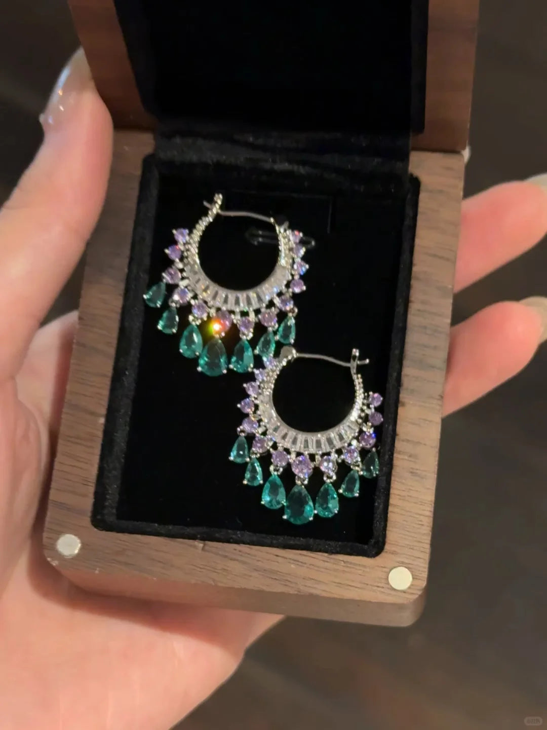 Green and Purple Zircon Water Drop Dangle Earrings