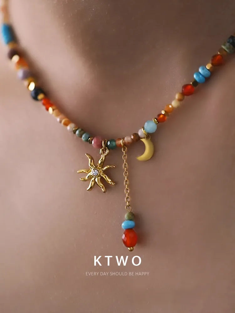 KTWO Bohemian Sun Moon Tassel Colorful Beaded Necklace