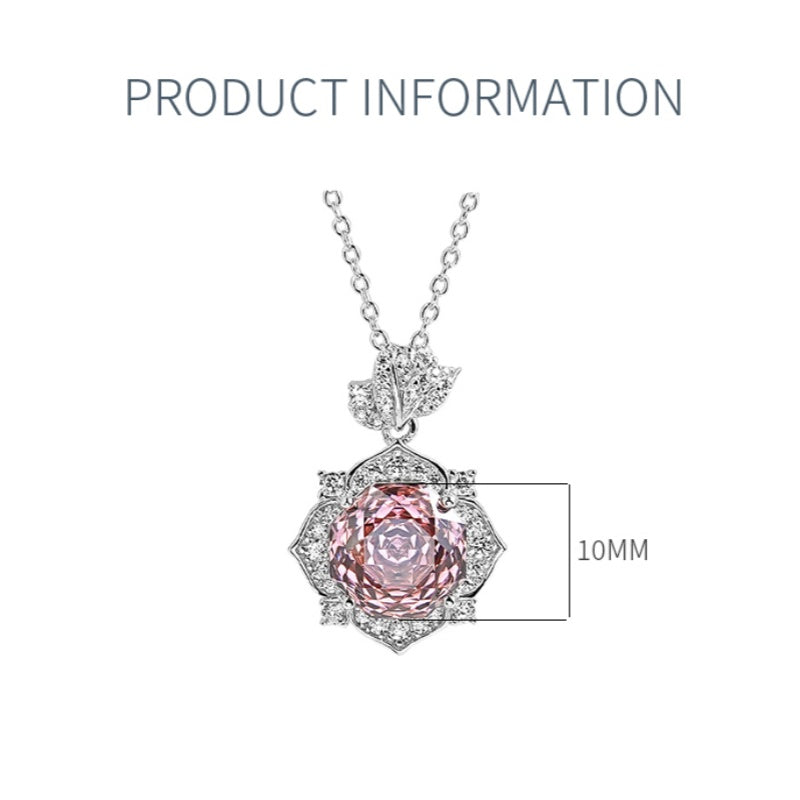 XIUSHU 4CT Pink Rose Flower Lab-Created Gemstone Pendant Sterling Silver Necklace