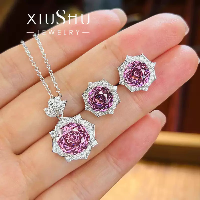 XIUSHU 4CT Pink Rose Flower Lab-Created Gemstone Pendant Sterling Silver Necklace