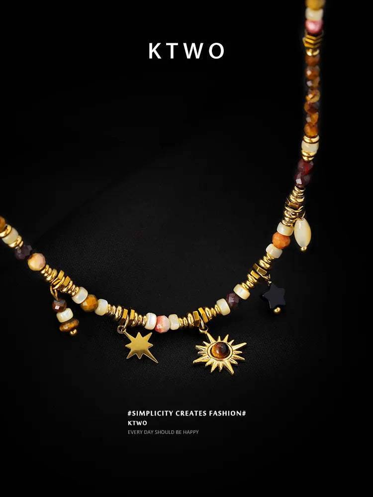 KTWO Maillard Stone Bead Necklace with Sunflower Tiger Eye Pendant