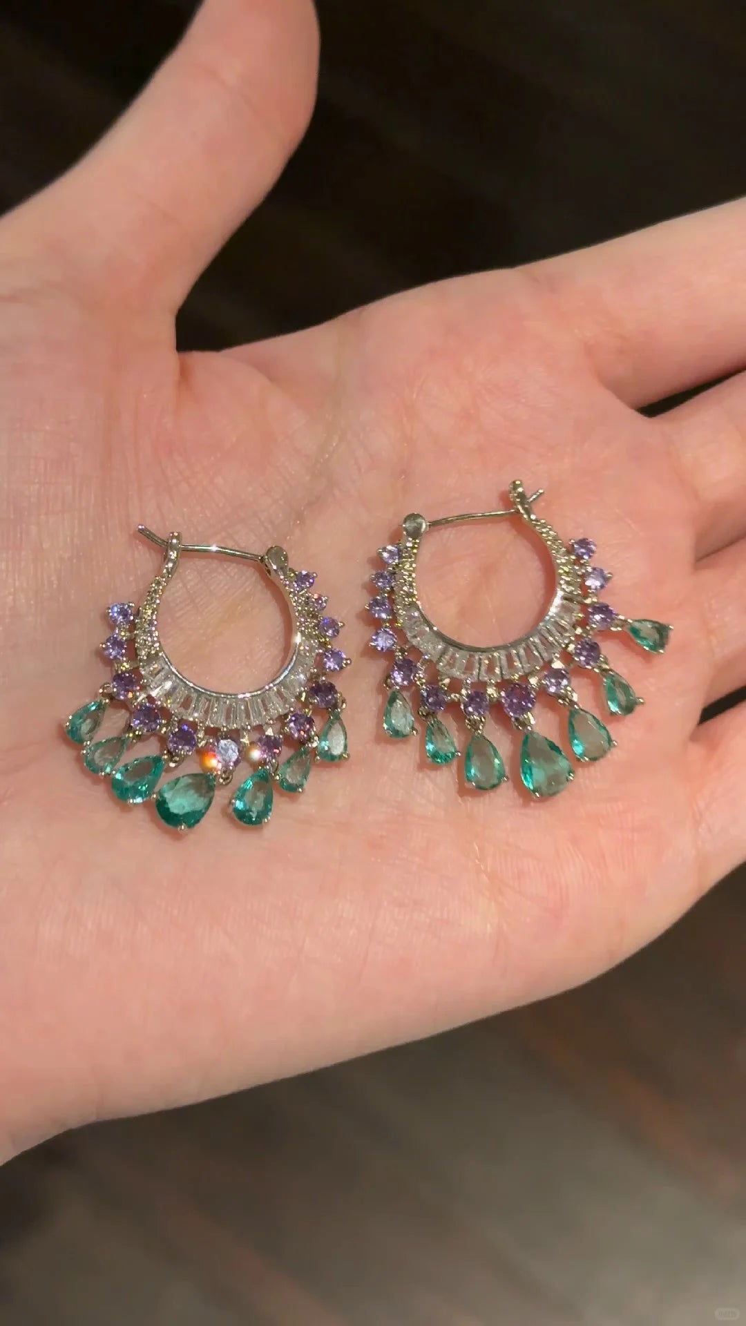 Green and Purple Zircon Water Drop Dangle Earrings