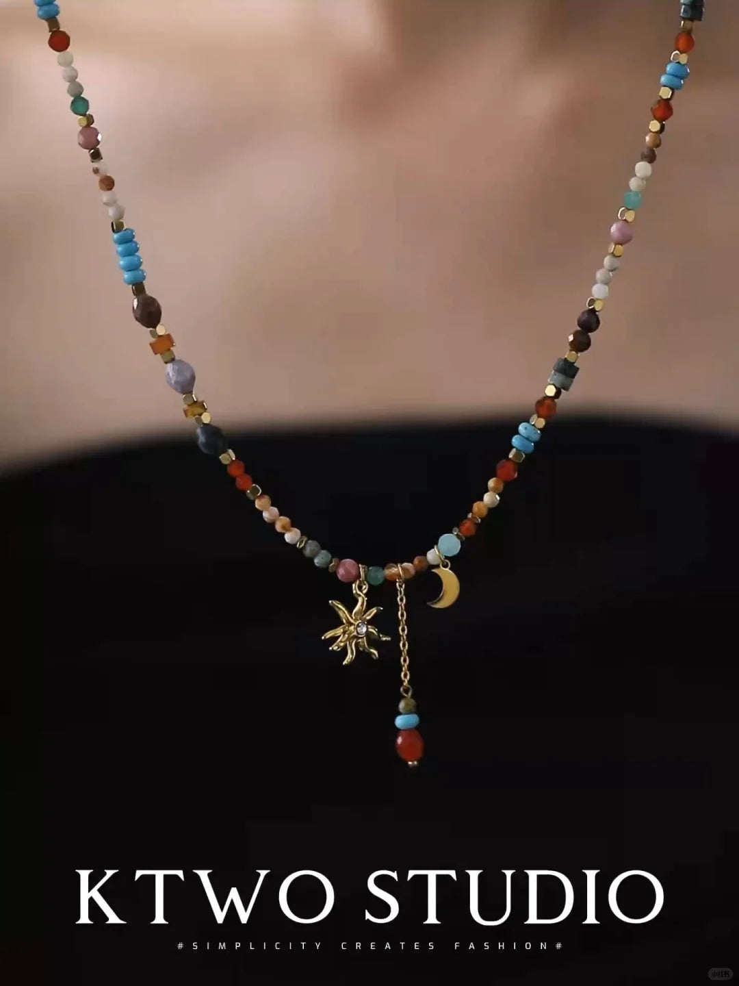 KTWO Bohemian Sun Moon Tassel Colorful Beaded Necklace