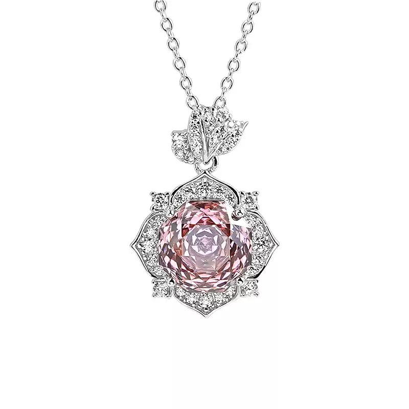 XIUSHU 4CT Pink Rose Flower Lab-Created Gemstone Pendant Sterling Silver Necklace