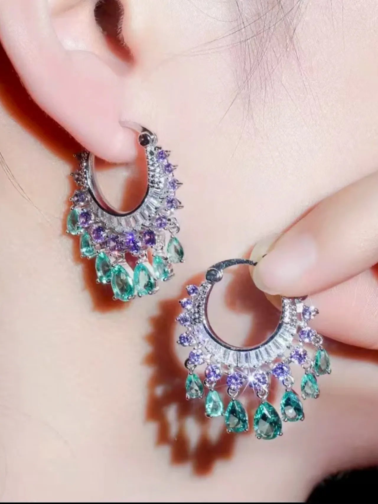 Green and Purple Zircon Water Drop Dangle Earrings