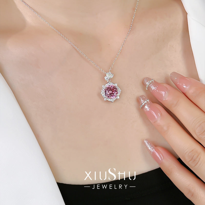 XIUSHU 4CT Pink Rose Flower Lab-Created Gemstone Pendant Sterling Silver Necklace