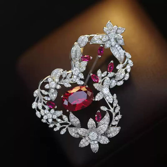TONGSONG Ruby & White Zirconia Gourd Brooch