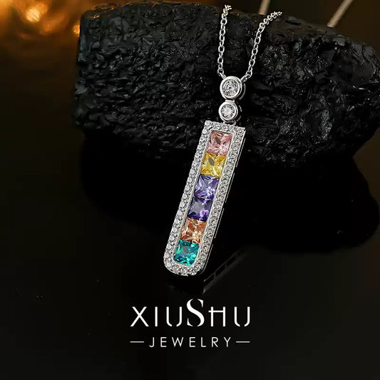 XIUSHU Mixed Color Cubic Zirconia Rectangular Necklace Sterling Silver