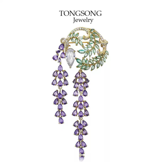 TONGSONG Wisteria Brooch Crystal Cascade With Purple-Tone Fringe