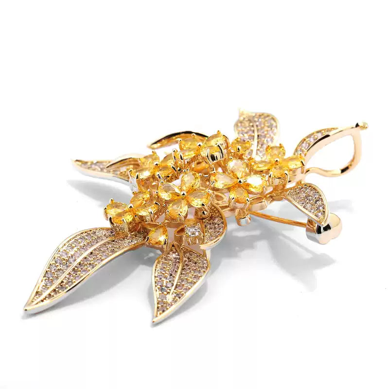 TONGSONG Vintage Sweet Olive Brooch with Crystal Dew Drops