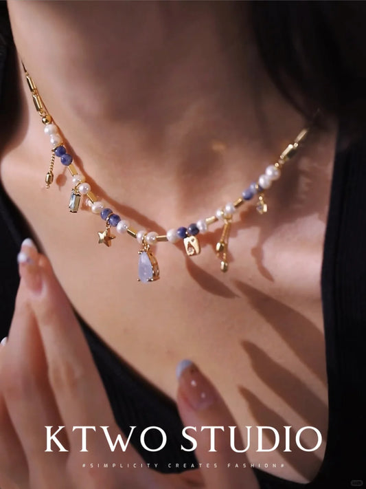 Women Wearing Dainty Pearl and Zircon Collar Necklace