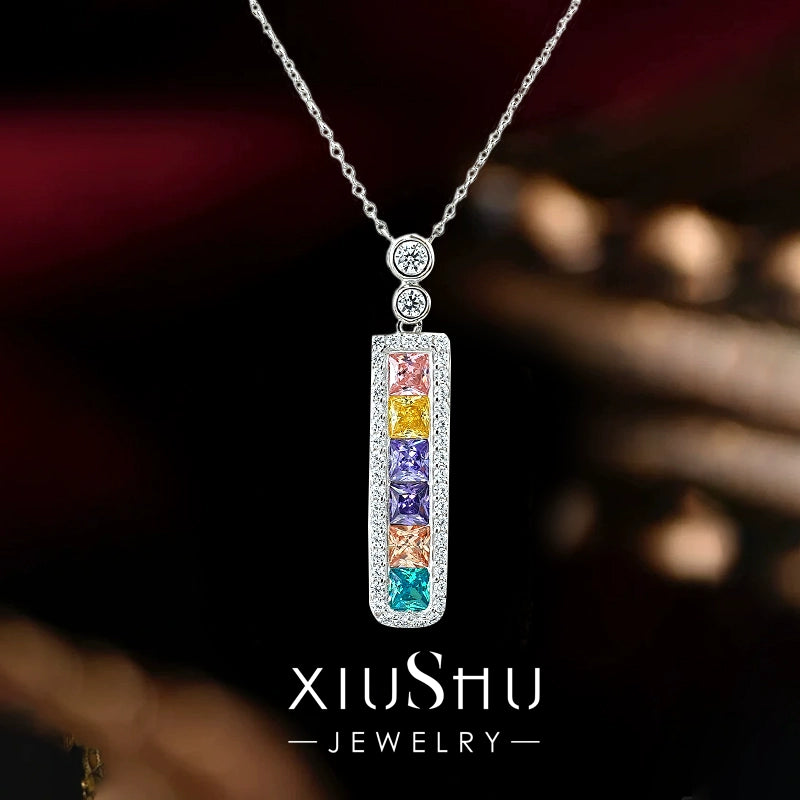 XIUSHU Mixed Color Cubic Zirconia Rectangular Necklace Sterling Silver