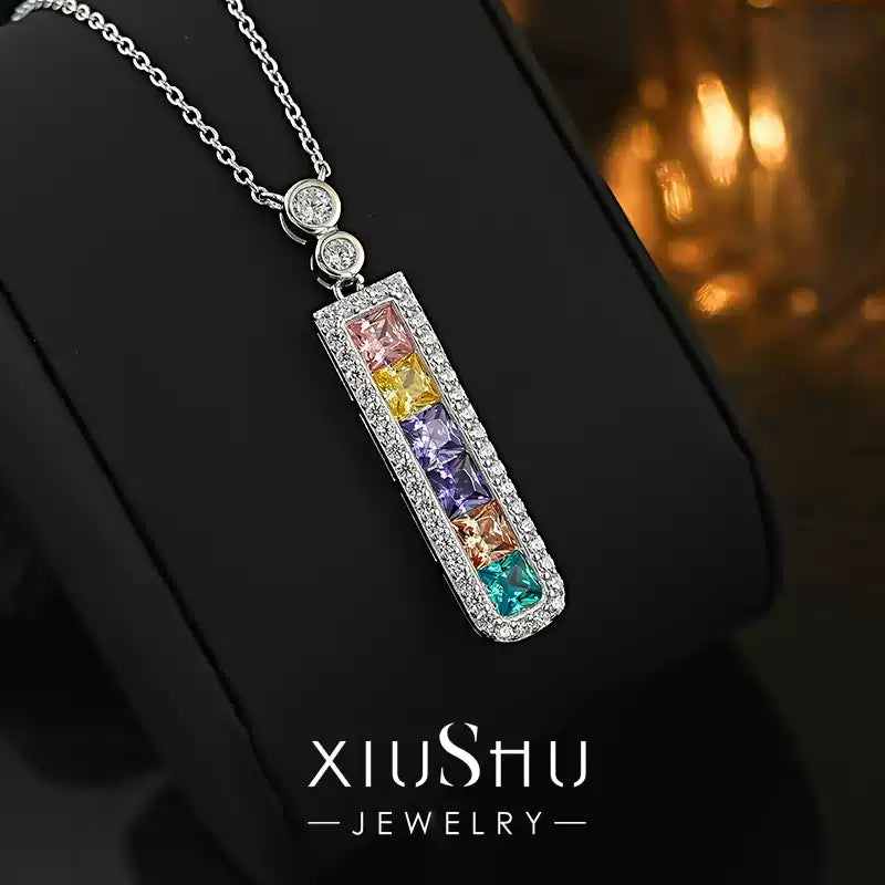 XIUSHU Mixed Color Cubic Zirconia Rectangular Necklace Sterling Silver