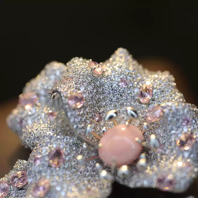 TONGSONG Dewdrop Floral Brooch with Pink Crystal Center
