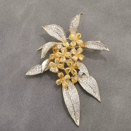 TONGSONG Vintage Sweet Olive Brooch with Crystal Dew Drops