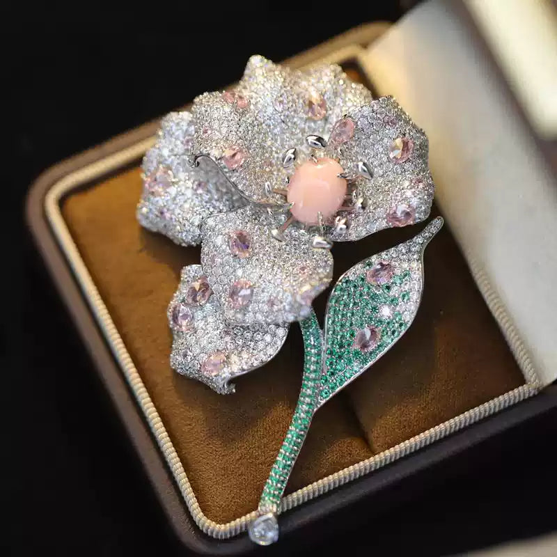 TONGSONG Dewdrop Floral Brooch with Pink Crystal Center