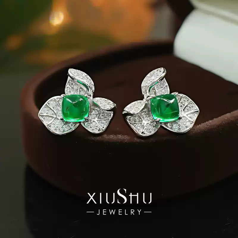 XIUSHU Lab-Created Emerald Gem Sterling Silver Floral Stud Earrings