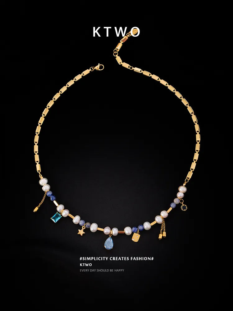 KTWO Dainty Freshwater Pearl & Blue Zircon Pendant Necklace