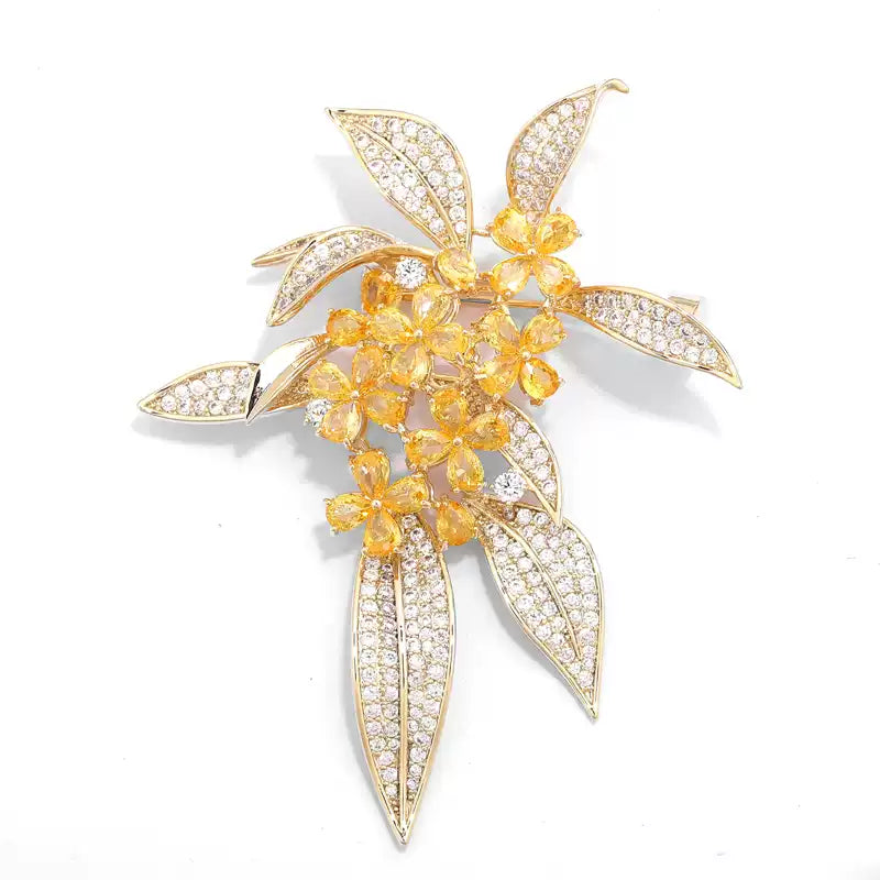TONGSONG Vintage Sweet Olive Brooch with Crystal Dew Drops