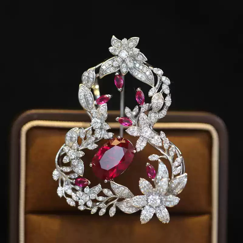 TONGSONG Ruby & White Zirconia Gourd Brooch