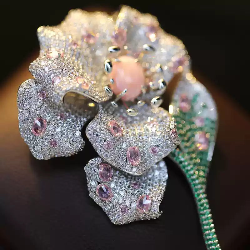 TONGSONG Dewdrop Floral Brooch with Pink Crystal Center