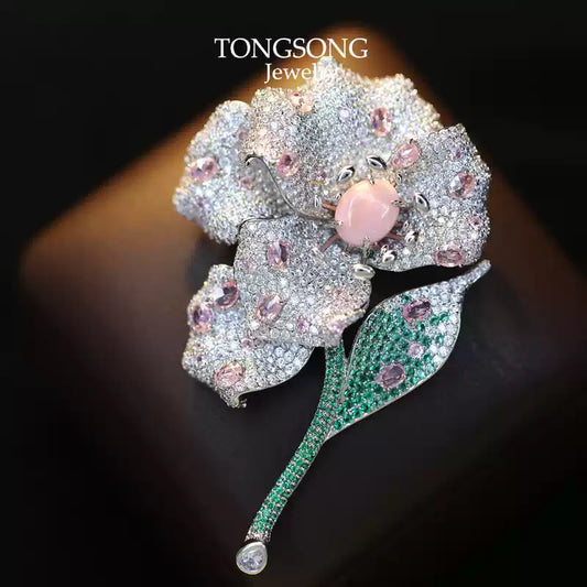 TONGSONG Dewdrop Floral Brooch with Pink Crystal Center