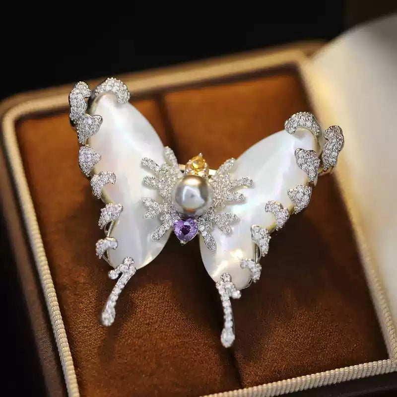 TONGSONG Moth Brooch with Gray Pearl & Shell | Micro-Pavé Zircon Wings Silver Tone Pin