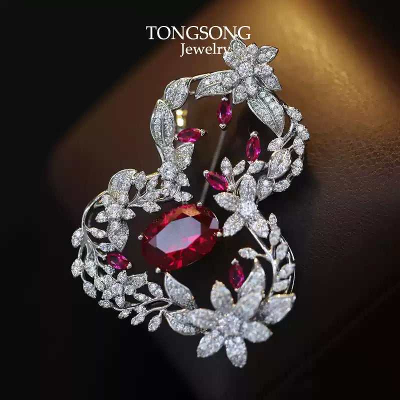 TONGSONG Ruby & White Zirconia Gourd Brooch
