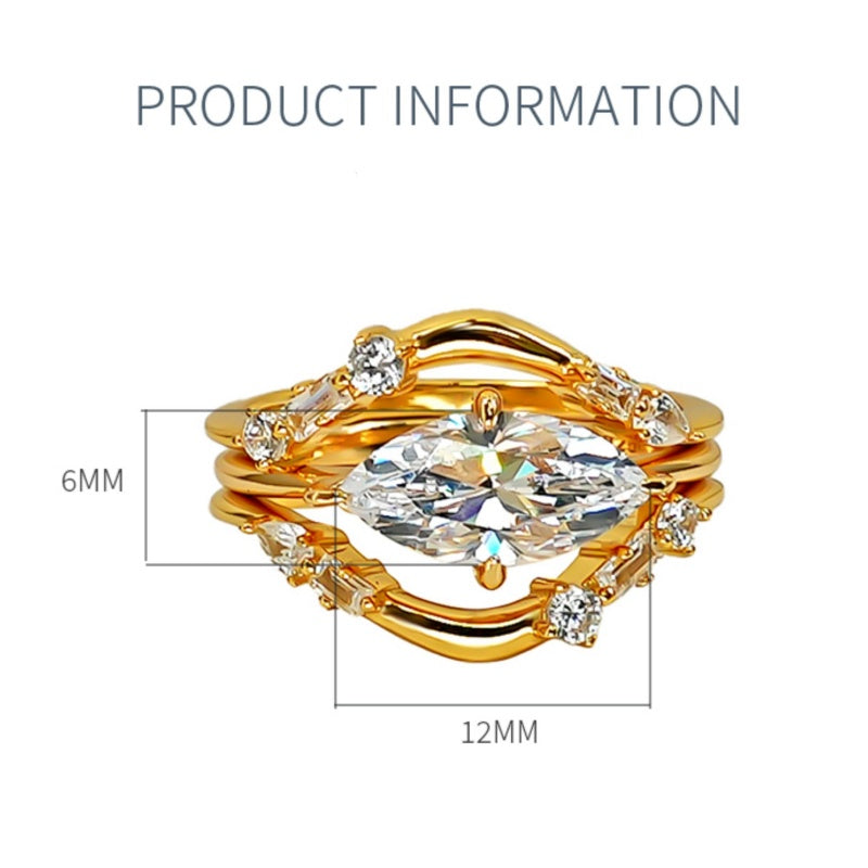 Detailed size guide and measurement chart for the 3-piece stackable crystal ring set
