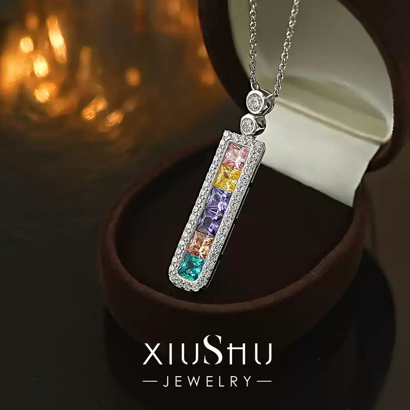 XIUSHU Mixed Color Cubic Zirconia Rectangular Necklace Sterling Silver