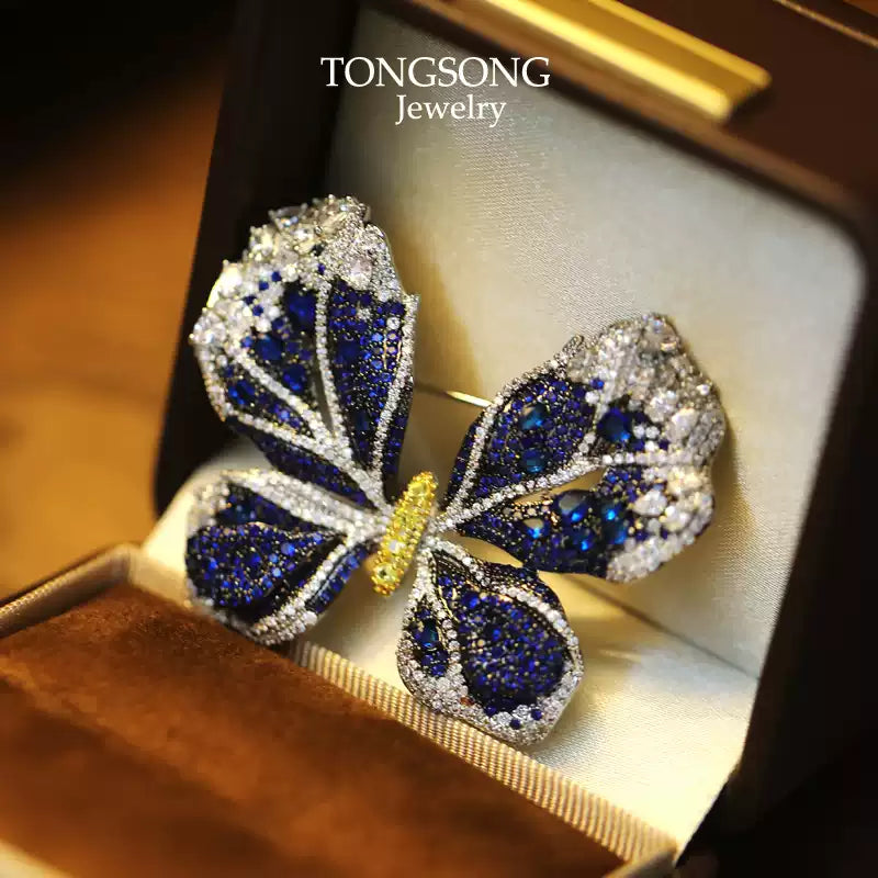 TONGSONG Exquisite Micro-Set Blue Zirconia Butterfly Brooch - Artisan Crafted