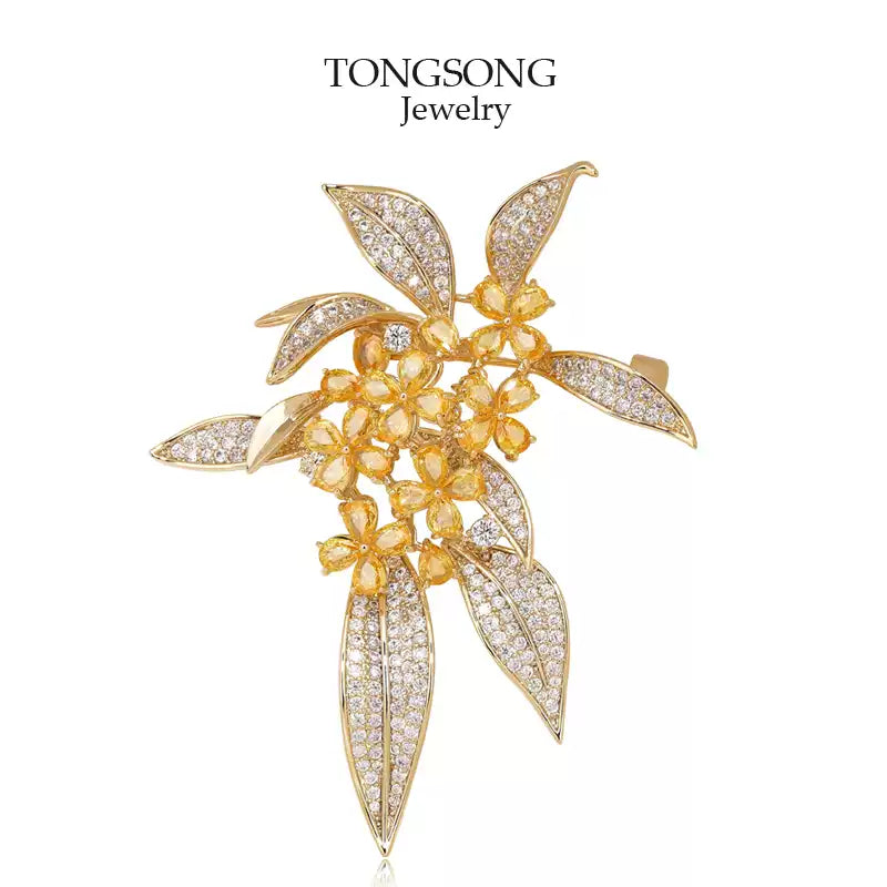 TONGSONG Vintage Sweet Olive Brooch with Crystal Dew Drops