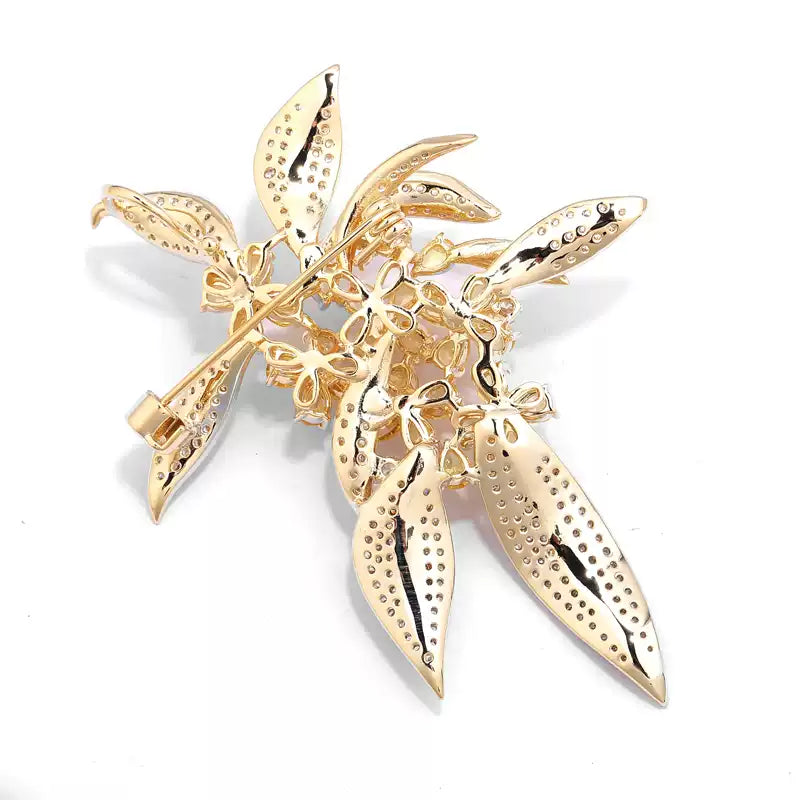 TONGSONG Vintage Sweet Olive Brooch with Crystal Dew Drops