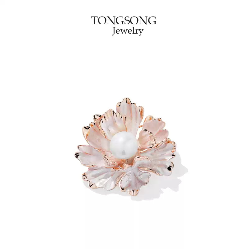 TONGSONG Camellia Brooch with Pearls - Vintage Elegance