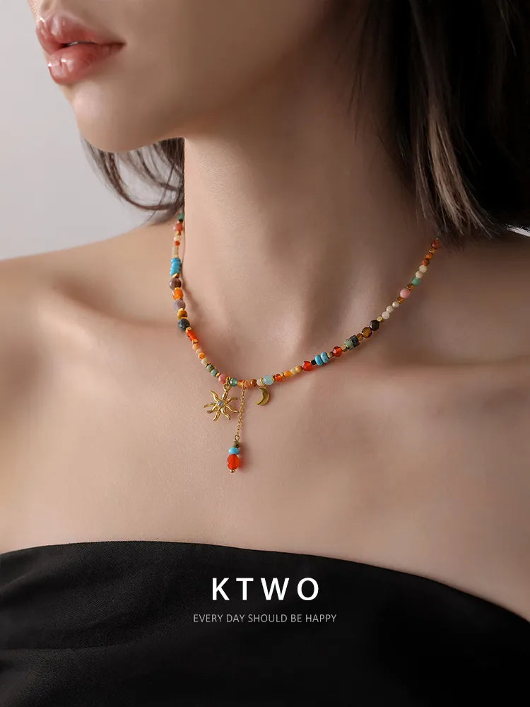 KTWO Bohemian Sun Moon Tassel Colorful Beaded Necklace