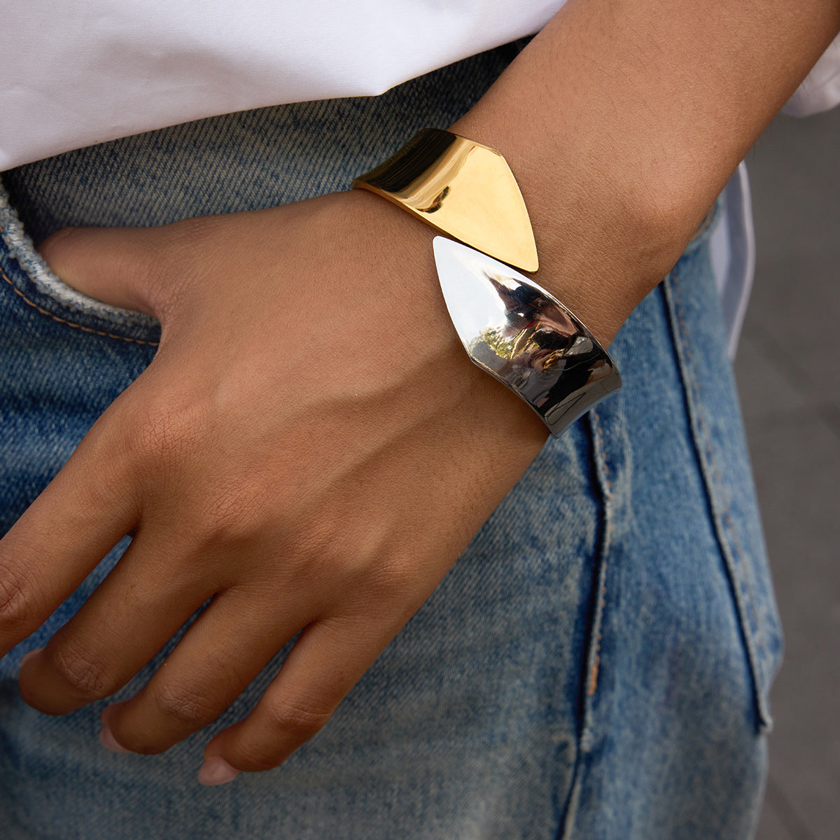 Dual-Tone Stainless Steel Snap-On Spring Bracelet