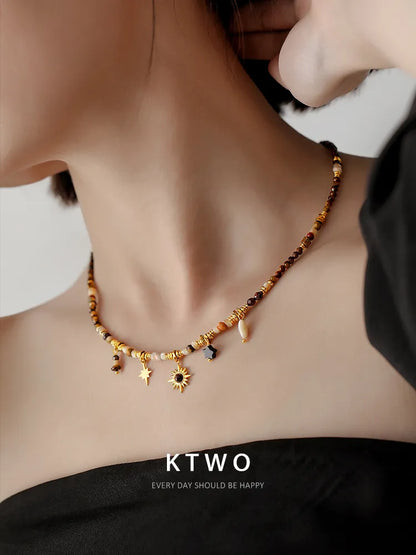 KTWO Maillard Stone Bead Necklace with Sunflower Tiger Eye Pendant