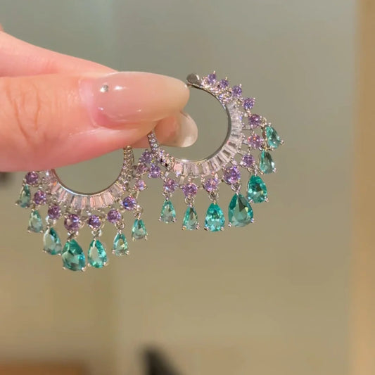 Green and Purple Zircon Water Drop Dangle Earrings