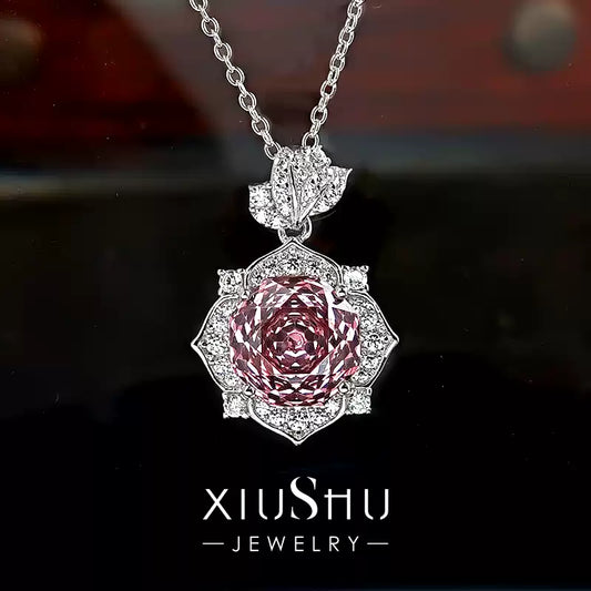 XIUSHU 4CT Pink Rose Flower Lab-Created Gemstone Pendant Sterling Silver Necklace