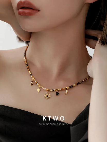 KTWO Maillard Stone Bead Necklace with Sunflower Tiger Eye Pendant