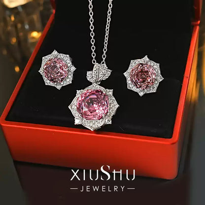 XIUSHU 4CT Pink Rose Flower Lab-Created Gemstone Pendant Sterling Silver Necklace