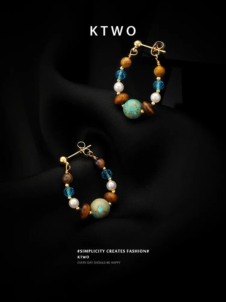 KTWO Vintage Tiger Eye and Turquoise Drop Earrings