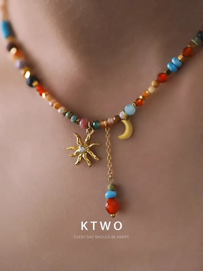 KTWO Bohemian Sun Moon Tassel Colorful Beaded Necklace